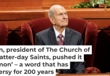 Russell Nelson, center, sits during the Church of Jesus Christ of Latter-day Saints’ biannual General Conference in Salt Lake City in 2019. George Frey/Getty Images